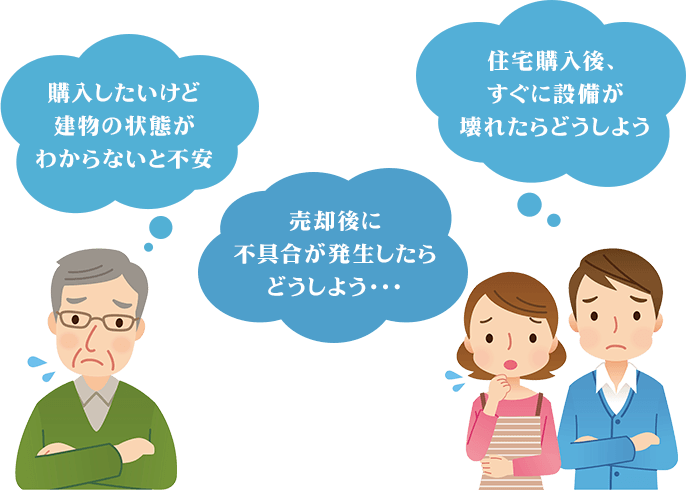 購入したいけど建物の状態がわからないと不安／売却後に不具合が発生したらどうしよう…／住宅購入後、すぐに設備が壊れたらどうしよう　とお悩みの方へ